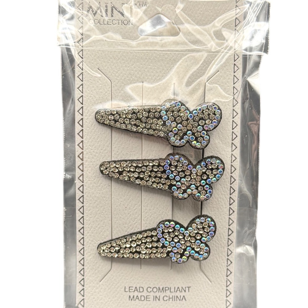 MINT Collection Kids Butterfly Rhinestone Hair Clips 3 Pack Silver Iridescent